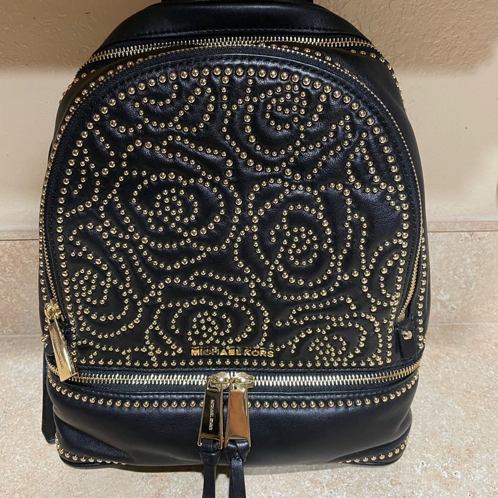 Michael Kors Black Leather Mini Backpack with Gold Stud Floral Design